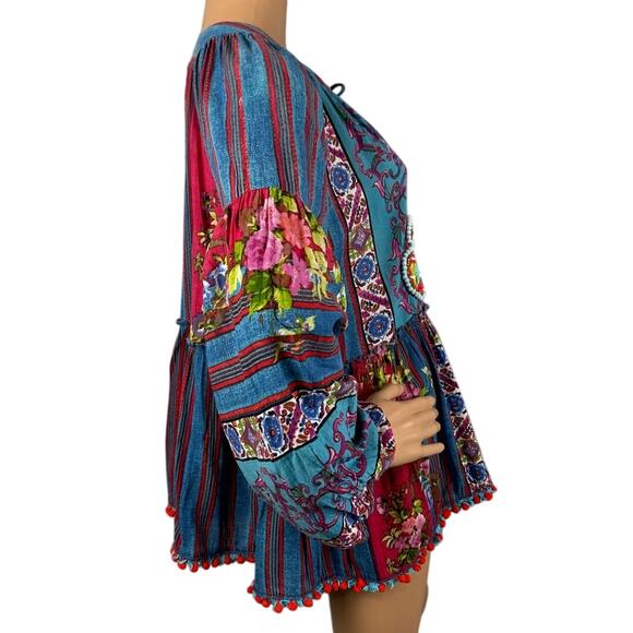 Antica Sartoria Women's Bohemian Beaded Peasant Blouse Multi-Color One Size - Picture 2 of 10